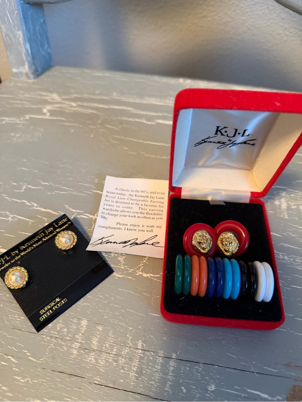 Kenneth Jay Lane Gold and Pearl Rope-Edge Stud Earrings and Lion Head Earrings